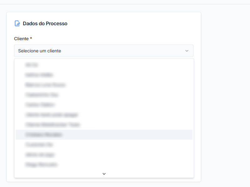 Tela de novo processo com seleção de cliente