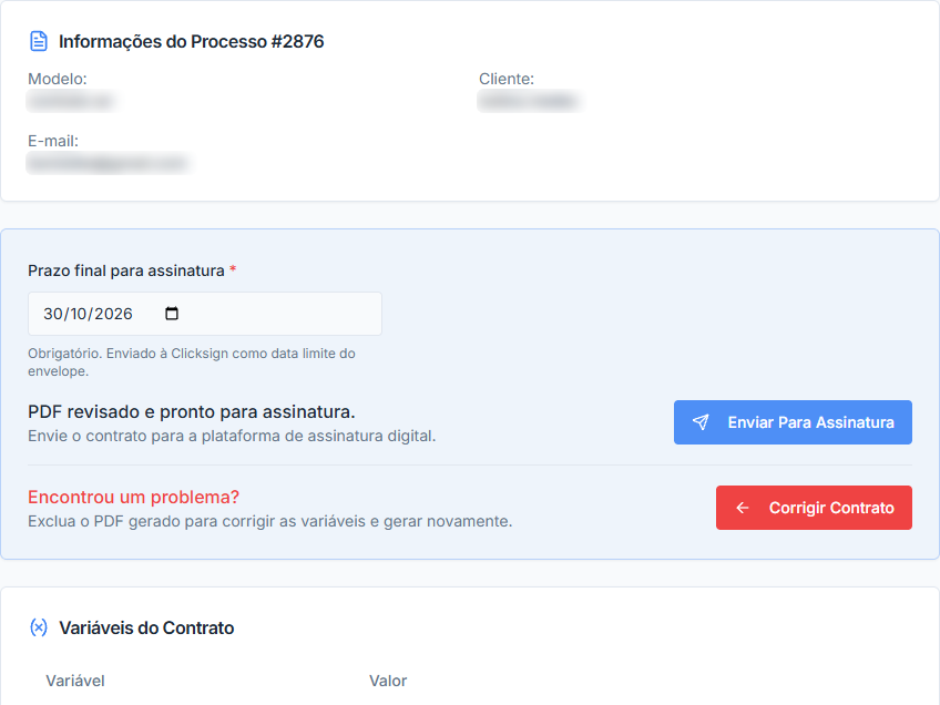 Tela de revisão com prazo e envio para assinatura